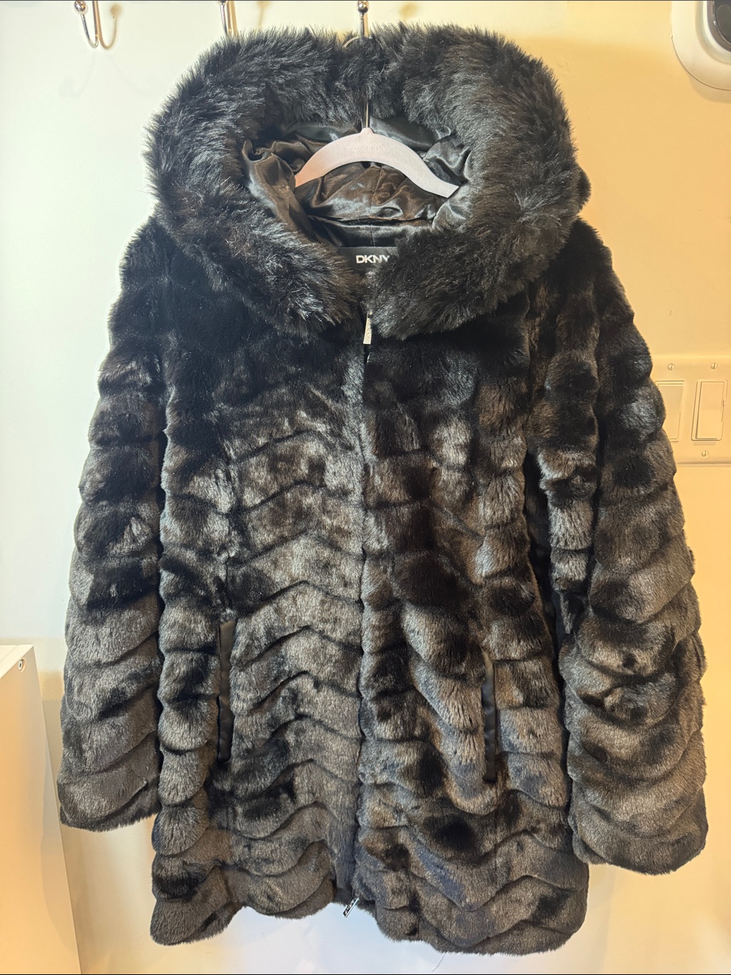 Dkny Black Faux Fur Hooded Jacket
